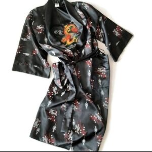 Reversible black satin dragon/Chinese lantern detailed maxi lounging robe sz XL
